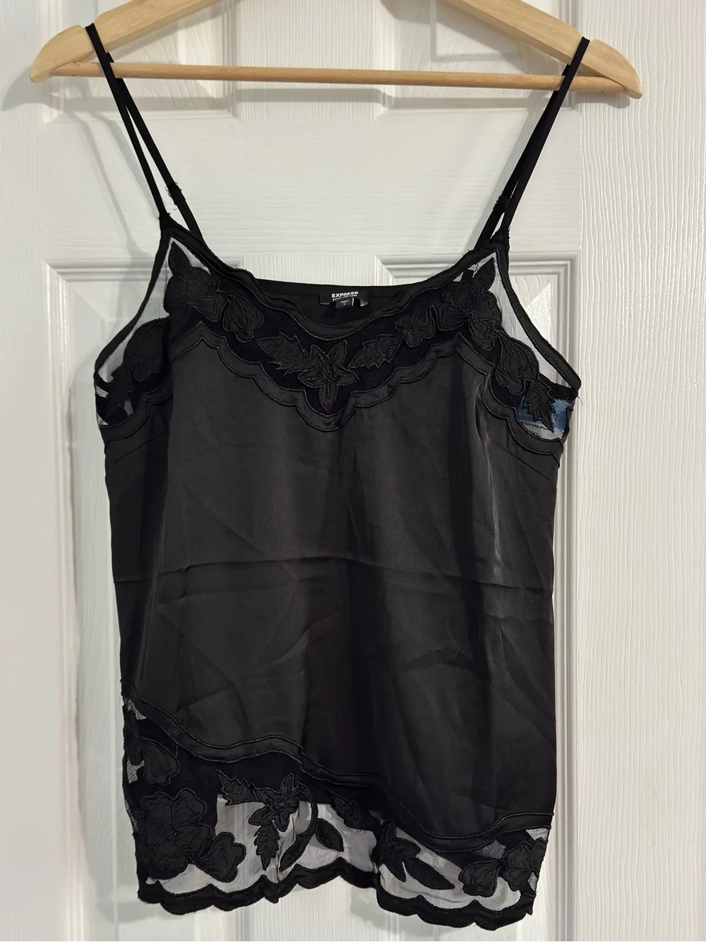 Express Downtown Cami Black Floral Mesh Lace Trim Tank Top Size Small Sheer Y2K - Picture 2 of 11